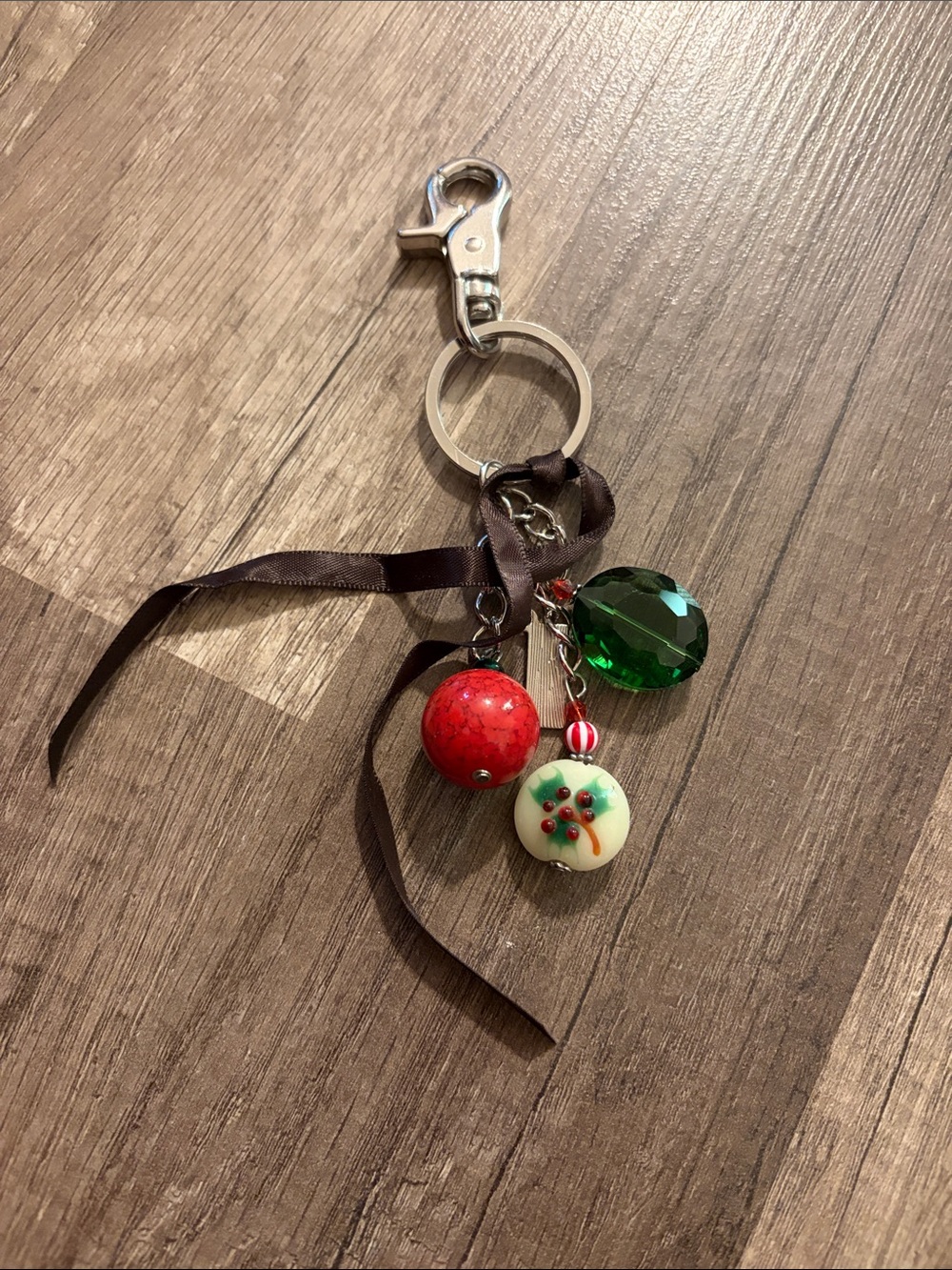 Miche Holiday Ornament Keychain with Green Crystal and Red Beads